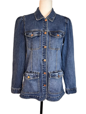 Gap Dark Indigo Denim Chore Jacket Medium 4 Patch Pocket Utility Hip Length Flaw